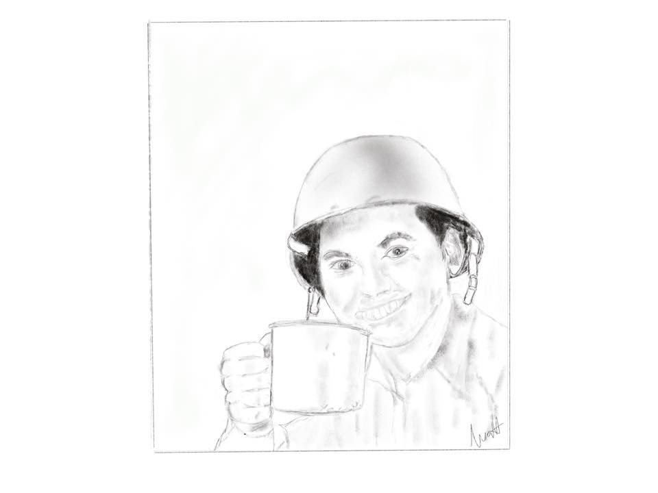 Pencil portrait of a vintage (midcentury?) soldier with a coffee cup