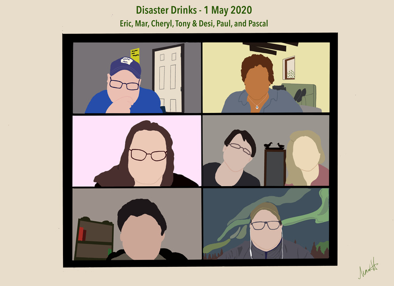 Illustration of Disaster Drinks Zoom call, 1 May 2020