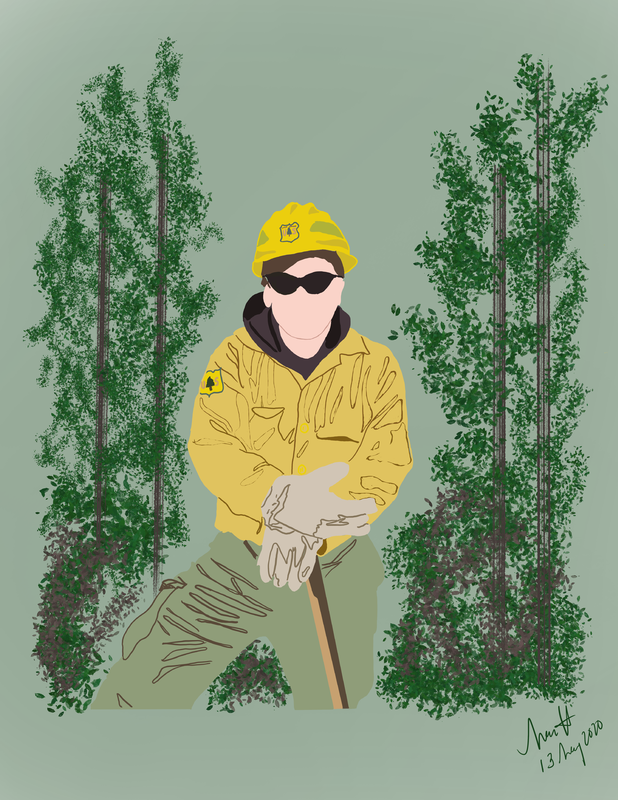Flat illustration of firefighter with shovel and trees in background.